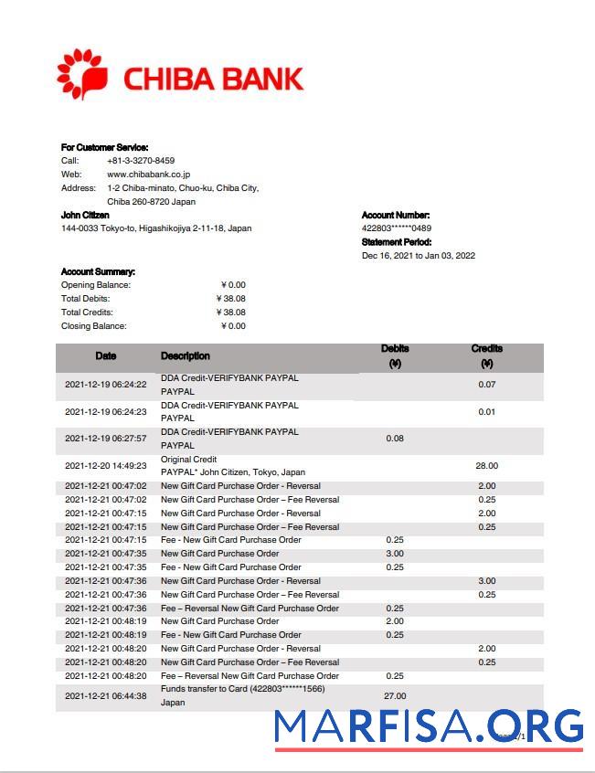 Realistic Japan Chiba bank statement word 1 page real example